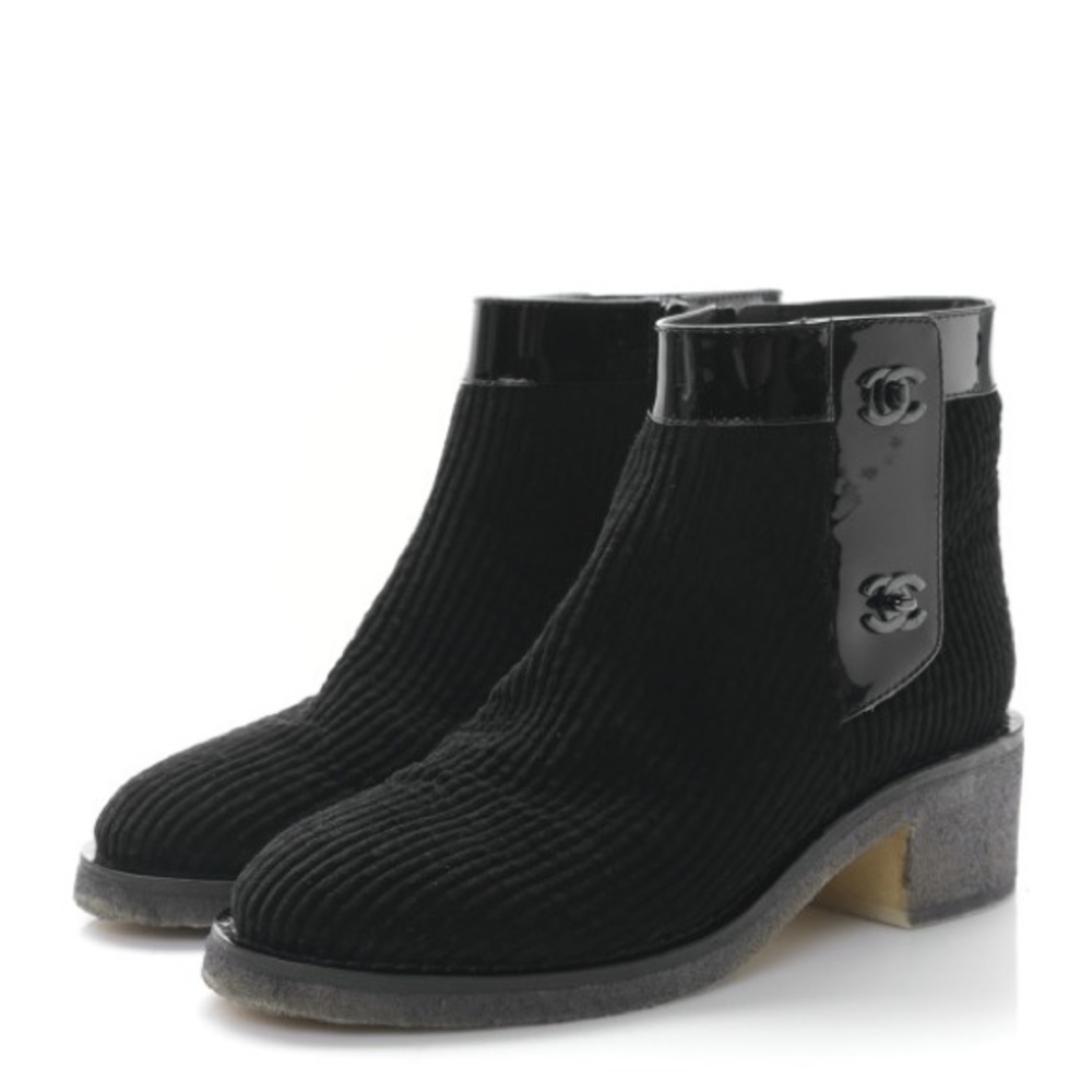 Chanel Velvet Patent CC Turnlock Ankle Boots 38 Black